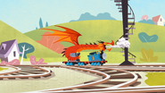 Thomas pulling the dragon on a flatbed in the first series