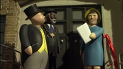 Sir Topham Hatt, the Mayor, and the Storyteller at the grand opening of the library at Abbey