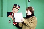 Britt Allcroft with Alec Baldwin on the set of Thomas's cab