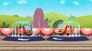 Riff and Jiff on recharging stations at Knapford in Race for the Sodor Cup
