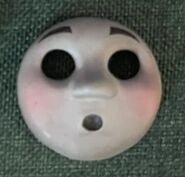 Skarloey's small scale shocked face (with its added blush from the episode) on display at the Awdry Extravaganza 2 at the Talyllyn Railway in 2022