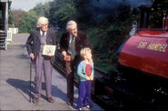 Richard Awdry with his father and grandfather at the Talyllyn Railway in September 1985