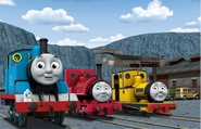 Skarloey with Thomas and Rheneas in his yellow livery