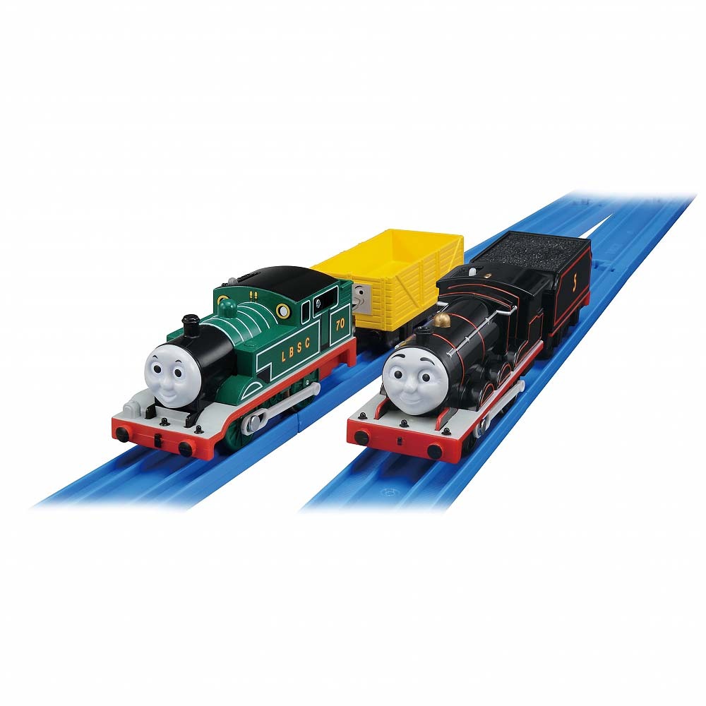 TOMY Green Thomas Adventure Begins & Black James Plarail Toy Train.