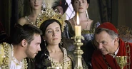 King Henry Tudor (left) Queen Catherine of Aragon (center) and Cardinal Wolsey (right)