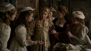 Jane before her labor, with Jane Rochford (far left) Ursula Missledon (left) and Mary Tudor (right) in attendance.