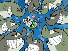 Larry about to be attacked by bull-sharks as punishment.