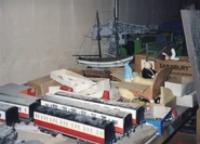 Big Mickey, a Schooner and the ENOC Tanker Lorry's models on standby in a behind the scenes photo of the third series of Thomas & Friends.