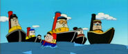 Cartoon animated Tugs characters in the intro. From left to right, Top Hat, Ten Cents, Zug, Sunshine, Hercules, Z.B., and Otis.