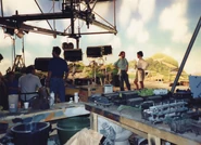 The SR brakevan made flatbed on standby with various other rolling stock in a behind the scenes photo of the third series of Thomas & Friends.