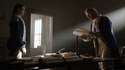 George Washington reads Abraham Woodhull's report aloud to Benjamin Tallmadge