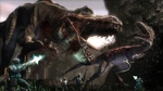 Multiple MG Captains firing at an enormous Tyrannosaurus rex.