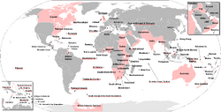 The areas of the world that at one time were part of the British Empire. Current British Overseas Territories have their names underlined in red.