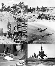 Clockwise from top left: Chinese forces in the Battle of Wanjialing, Australian 25-pounder guns during the First Battle of El Alamein, German Stuka dive bombers on the Eastern Front in December 1943, a US naval force in the Lingayen Gulf, Wilhelm Keitel signing the German Instrument of Surrender, Soviet troops in the Battle of Stalingrad