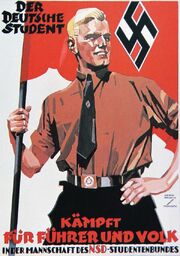 A  propaganda poster depicting an ideal "Aryan" specimen.