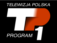 Шестой логотип на чёрном фоне с белыми надписями, надпись «TELEWIZJA POLSKA» наверху