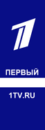 Четвёртый логотип «Первого канала» на прямоугольном фоне с надписью «Первый», белой полосой и адресом сайта телеканала заглавными буквами (используется на репортёрских микрофонах с 2008 года по настоящее время)