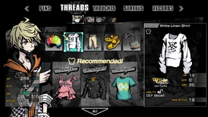 A screenshot of the threads menu in NEO: The World Ends with You.  is wearing , , , , and .