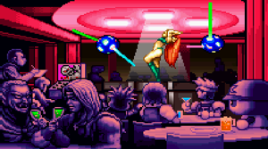 The scene at the "Outer Heaven" nightclub. (from left to right: David Ueda, Dracula and Simon Belmont, Goemon, Pastel and Light, Power Pro-kun)