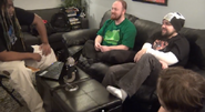 Woolie, Pat, Matt, and Liam recording their podcast, as seen in the announcement for episode seventeen of the Super Best Friendcast