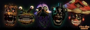 A render of multiple bots heads, characters left from right; Killtimber, Summercrab, Seabilly, Phantom Chipomat, and Happyshroom.