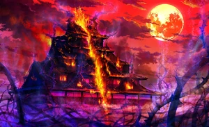 Onriedo Castle bisected and set aflame by Tsumukari Muramasa