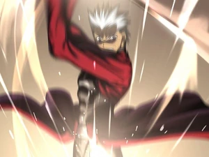 Archer using Durandal to fight Shirou in Fate/Stay Night.