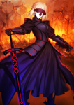 Primera ascensión de Saber en Fate/Grand Order, ilustrado por Takashi Takeuchi.