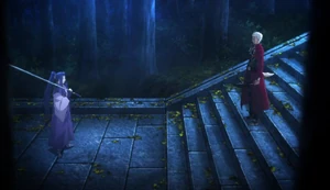 Archer having a stand off with Assassin who is defending Shirou and Saber.