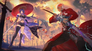 Promotional artwork featuring Archer and Acheron, in Honkai: Star RailWP x ''Fate/stay night [Unlimited Blade Works] collaboration, illustrated by Mashu.