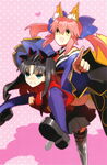 Rin giving Caster a piggyback ride by Arco Wada from Fate/EXTRA Visual Fanbook.
