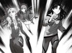 Luvia, Sion, and Rin in the Library of Alexandria.