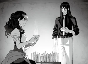 Rin having tea with her professor.