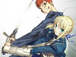 Saber and Shirou using the projected Caliburn.