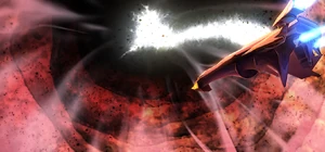 Chaldea escaping the Abyss through the exit made by Albion's heat ray.