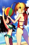 Rin and Saber playing on the beach illustrated by Arco Wada.