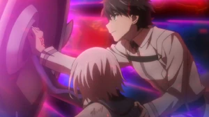 Mash assisted by Ritsuka in holding her shield in the anime adaptation.