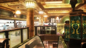 Inside Carnac, shops and escalator.