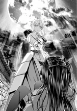 Saber holding Rin at swordpoint.