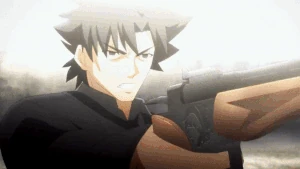Kiritsugu using Double Accel to dodge Kirei's kick.