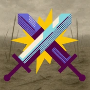 Two swords clashing, one with a turquoise blade, the other dark blue. The background is a grey. barren, grassy area, with dead trees.