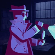A detective in a trench coat and fedora holding a flashlight and magnifying glass, rendered in purple and blue tones with a halftone texture against a dark window backdrop.