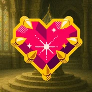 A red ruby jewell, with a golden border. The background is a religious building with an alter, stained glass windows, and stone walls.