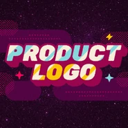 Stylized text reading "PRODUCT LOGO" in bold, multi-colored letters with a vintage texture, set against a deep purple background filled with stars and abstract geometric shapes.