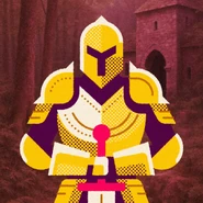 A knight wearing golden armor, holding a sword with a pink hilt pointing down. The background is a brown, hazy wooded area with a stone building.