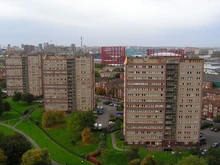 Looking south-west across the Cromwell Street Estate, Nechells Green, Aston, Birmingham. Newtown, Aston (above-right). Birmingham city centre (above-left).