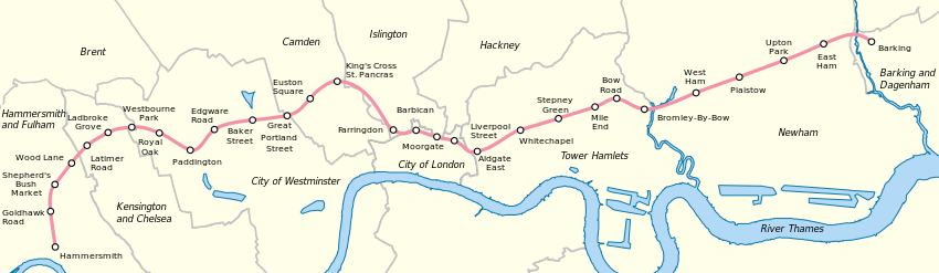 Geographically accurate map of the Hammersmith and City Line