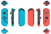 Illustration of left and right Joy-Con controllers, in neon blue and neon red