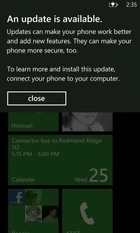 A test notification of an "update available" pop-up in the Windows Phone emulator.