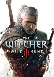 Game cover art, with the game's protagonist Geralt shown pulling out a sword